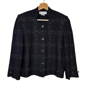 VTG J. S. S. Wool Sequined Metallic Button Front Cardigan Sz Small Grid Teacher